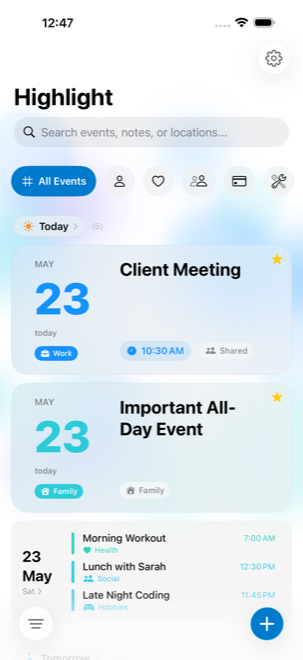 Highlight app timeline screen showing upcoming events